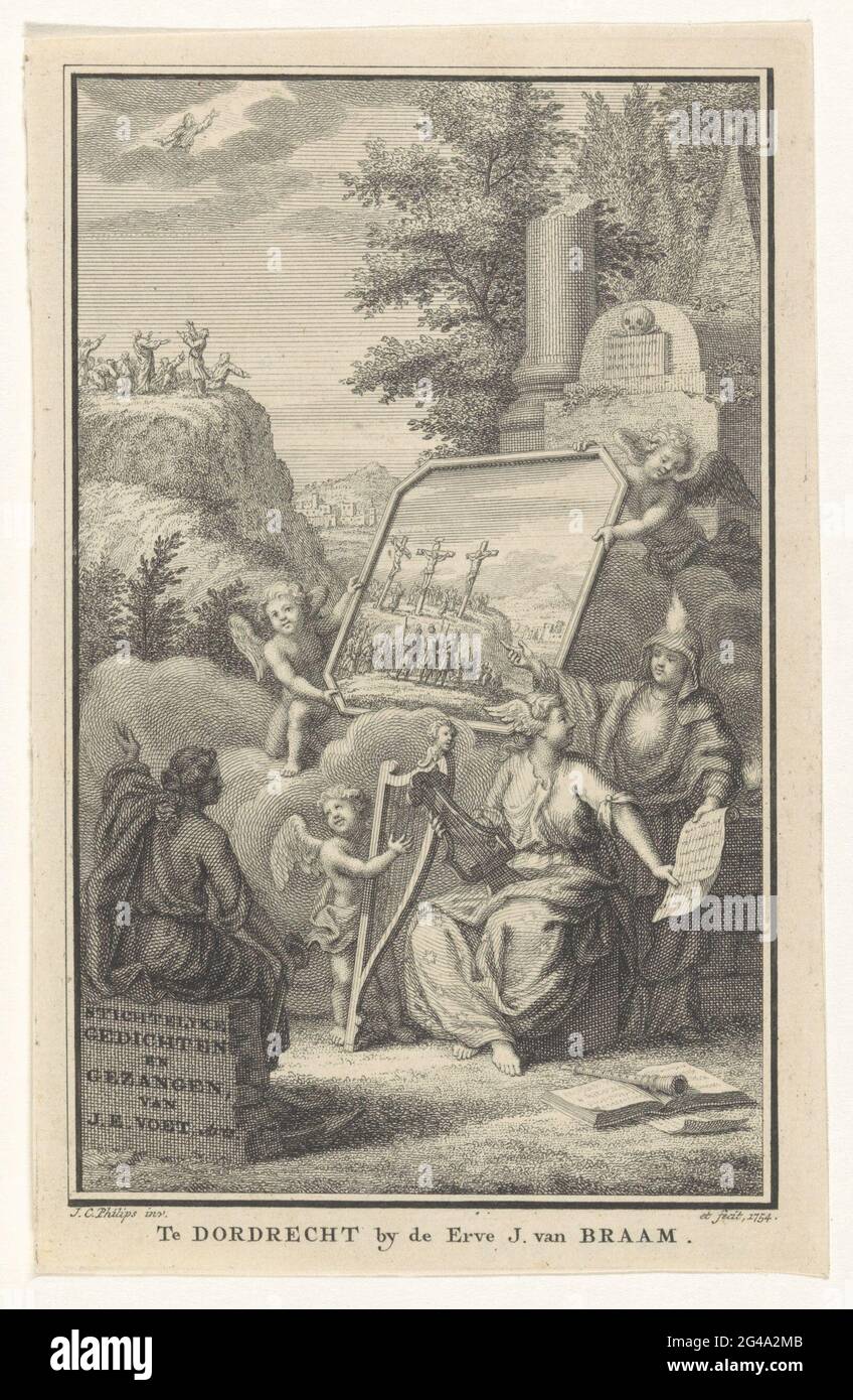 Allegorische Performance mit Hoffnung, Frau mit Winde und Glaube; Titelseite für: Johannes Euseubius Foot, Stichtellyke Poems and Songs, 1754. Hope mit Anker sitzt auf einem Stein mit Buchtitel gegenüber einem Bild des Mount Golgota von Putti gehalten. Das Bild ist eine Frau mit Winde und Flügeln auf dem Kopf. Neben ihr steht ein Putto mit Harfe und Glauben. Im Hintergrund Christus 'Himmelfahrt. Stockfoto