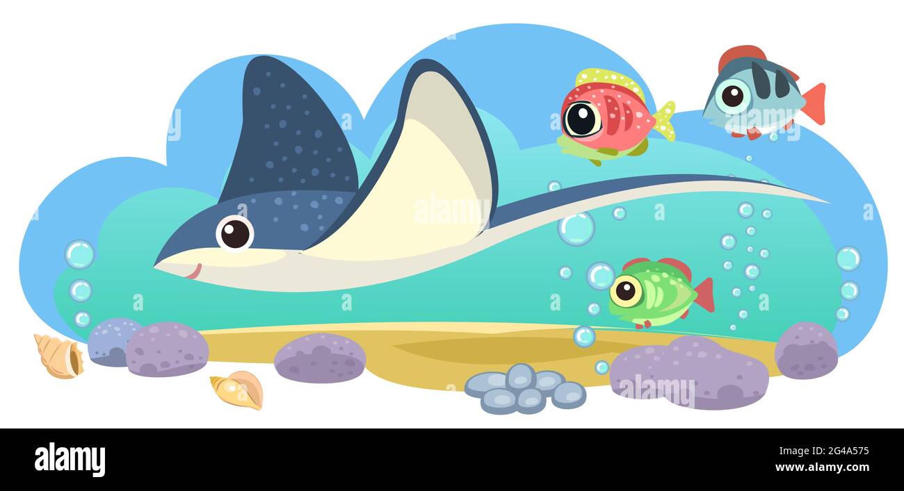 Kleine Landschaft. Stachelrochen. Unterwasserwelt. Wilde Tiere. Meer, Meer. Sommerwasser. Isoliert auf weißem Hintergrund. Illustration im Cartoon-Stil. Flach Stock Vektor