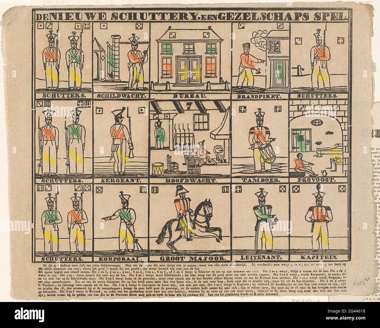 Schutterijspel, ca. 1830; die neue Schuttery, ein Begleitespiel. Schutterijspel, Brettspiel mit fünfzehn Boxen mit Bildern der Mitglieder der Miliz und Würfel. Am Ende der Regeln. Dazu gehört auch ein separates Blatt mit Regeln. Teil einer Gruppe von Kindern und Begleitspielen, die in der Zeit ca. 1750-1850. Stockfoto