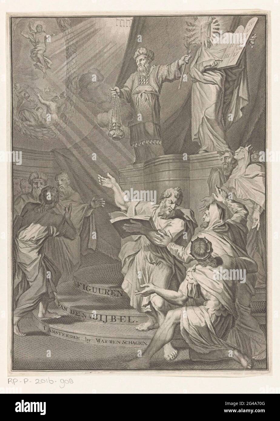 Aaron und der verschleierte Moses präsentieren den Israeliten die Gesetzentafeln; Figur der Bibel. Auf dem Sockel der Hohepriester Aaron und der verschleierte Moses. Um sie herum das jüdische Volk. Moses zeigt den Israeliten die Gesetzentafeln. Im Hintergrund das Tetragramm und eine Darstellung der Himmelfahrt Christi. Stockfoto