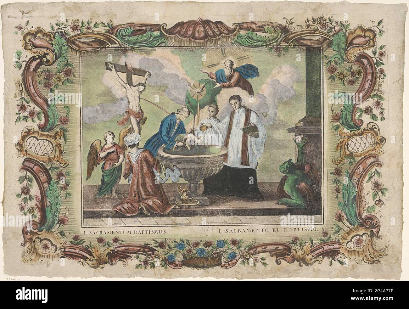 Das Sakrament der Taufe; I. Sacramentum Baptismus / I. Sacramento El Baptismo; die sieben Sakramente. Taufsakrament. Ein Gentleman in blauer Jacke hält ein Baby über einem Font. Ein Priester überblickt das Wasser. Neben dem Priester eine falsche Person. Über dem Font Gott der Vater und der Heilige Geist in Form einer Taube. Oben links von Christus am Kreuz; aus seiner Wunde sprüht ein Blutradius, der zum Kind herabkommt. Eine kniende Dame und ein Engel schauen. Auf der rechten Seite eine Straße kriechenden Teufel. Titel in zwei Sprachen unter der Show. Die Szene ist in einem Ornamentrand gefangen. Stockfoto
