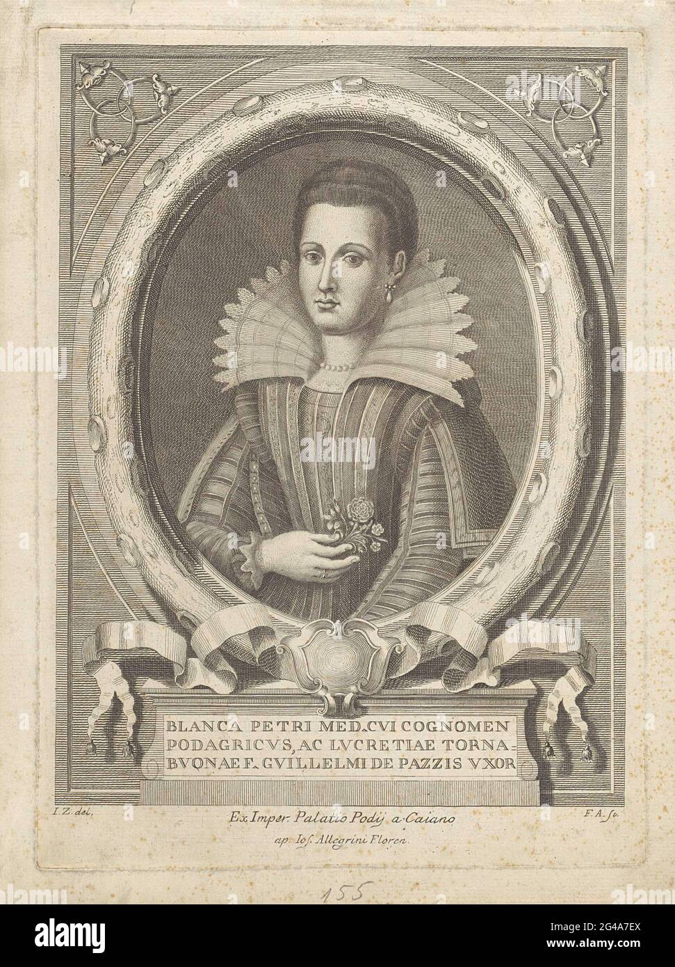 Porträt von Bianca de 'Medici. Porträt von bianca der 'Medici in ovalem Tisch mit unter einer leeren Kartusche. Eine Blume in ihrer rechten Hand. Unter dem Porträt ein Rahmen mit ihrem Namen. Stockfoto