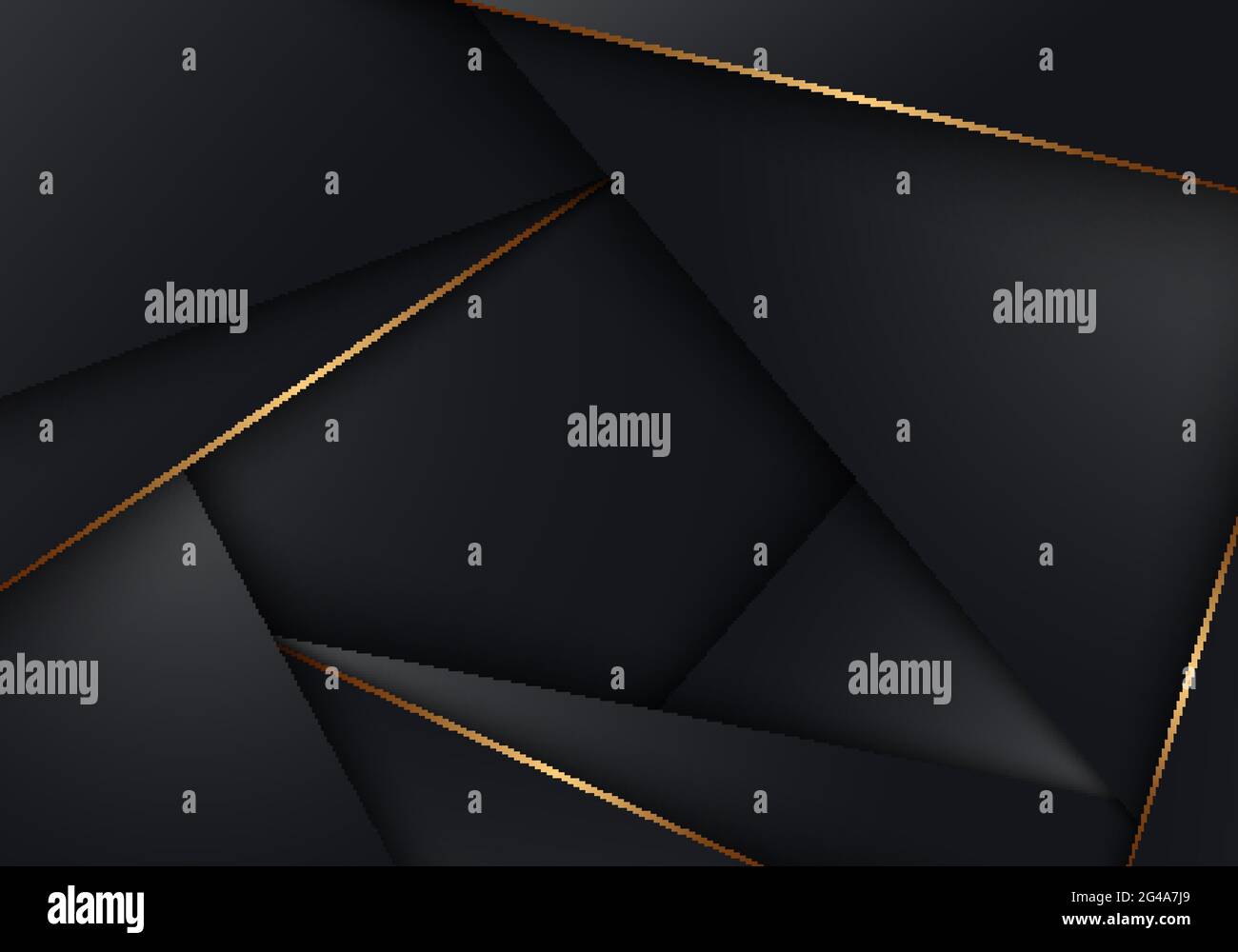 Abstrakte schwarze 3D-Streifen flache Polygondreiecke mit goldenen Linien überlappenden Hintergrund. Luxuriöser Stil. Vektorgrafik Stock Vektor