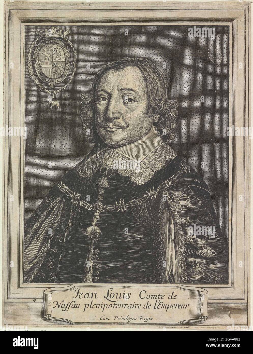 Porträt von Johan Lodewijk, Graf von Nassau-Hadamar. Porträt von Johan Lodewijk in einem Rechteck. Oben links eine Waffe mit einer Krone, verziert mit dem goldenen Vlies. In einer Kartusche seinen Namen und Titel. Stockfoto