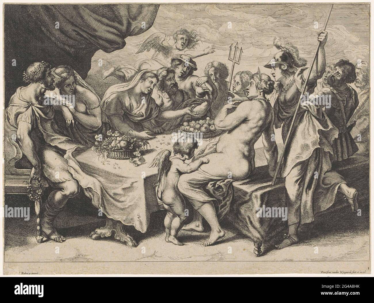 Ehe von Peleus und Thetis. Peleus und thetis sitzen während ihres Hochzeitsmahls mit den Göttern des Olymp am Tisch. Zwei Körbe mit Obst stehen auf dem Tisch. Merkur hat gerade den Apfel für die schönste Göttin mitgebracht. Stockfoto Ehe von Peleus und Thetis. Peleus und thetis sitzen während ihres Hochzeitsmahls mit den Göttern des Olymp am Tisch. Zwei Körbe mit Obst stehen auf dem Tisch. Merkur hat gerade den Apfel für die schönste Göttin mitgebracht. Stockfoto