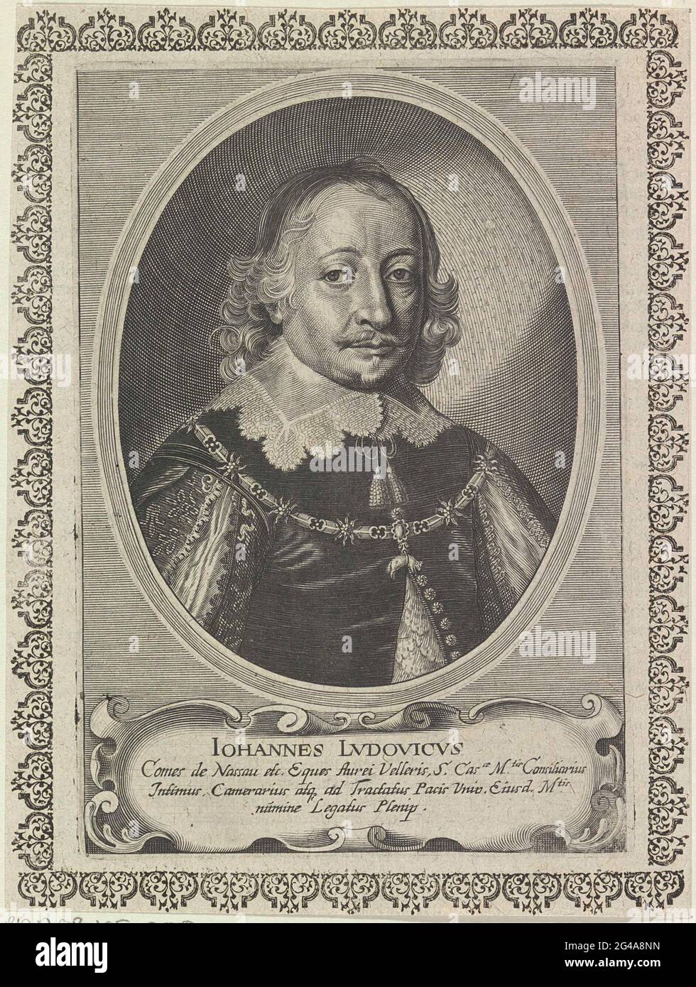 Porträt von Johan Lodewijk, Graf von Nassau-Hadamar. Porträt von Johan Lodewijk in einem Oval. In einer Kartusche seinen Namen und drei Zeilen lateinischen Textes. Komplett in einem verzierten Rechteck. Stockfoto