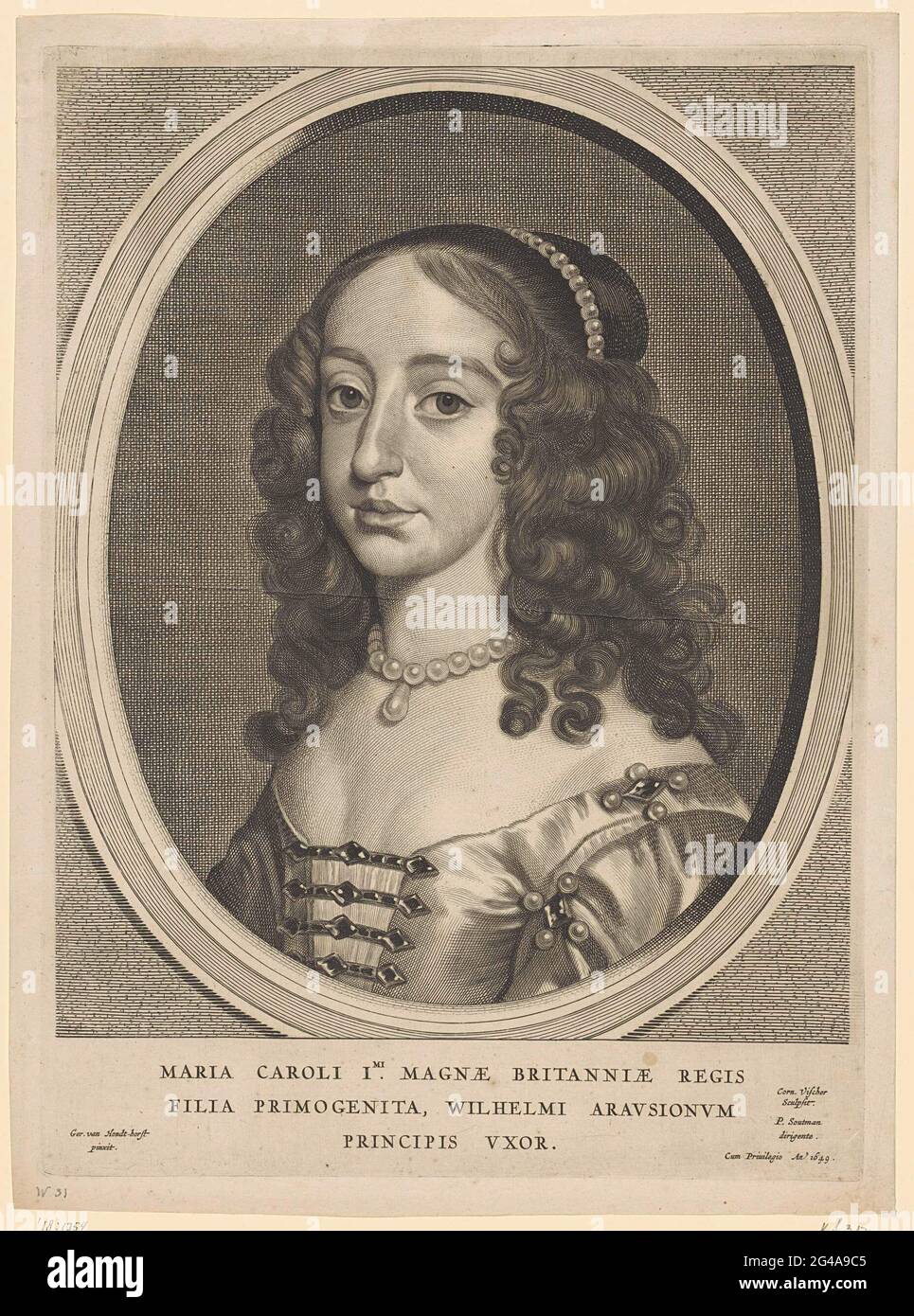 Porträt von Maria Henrietta Stuart; Fredericus Henricus Illustrissimus Orangiae Princeps. Porträt von Maria Henrietta im Oval. Im Untermeister ihren Namen. Stockfoto