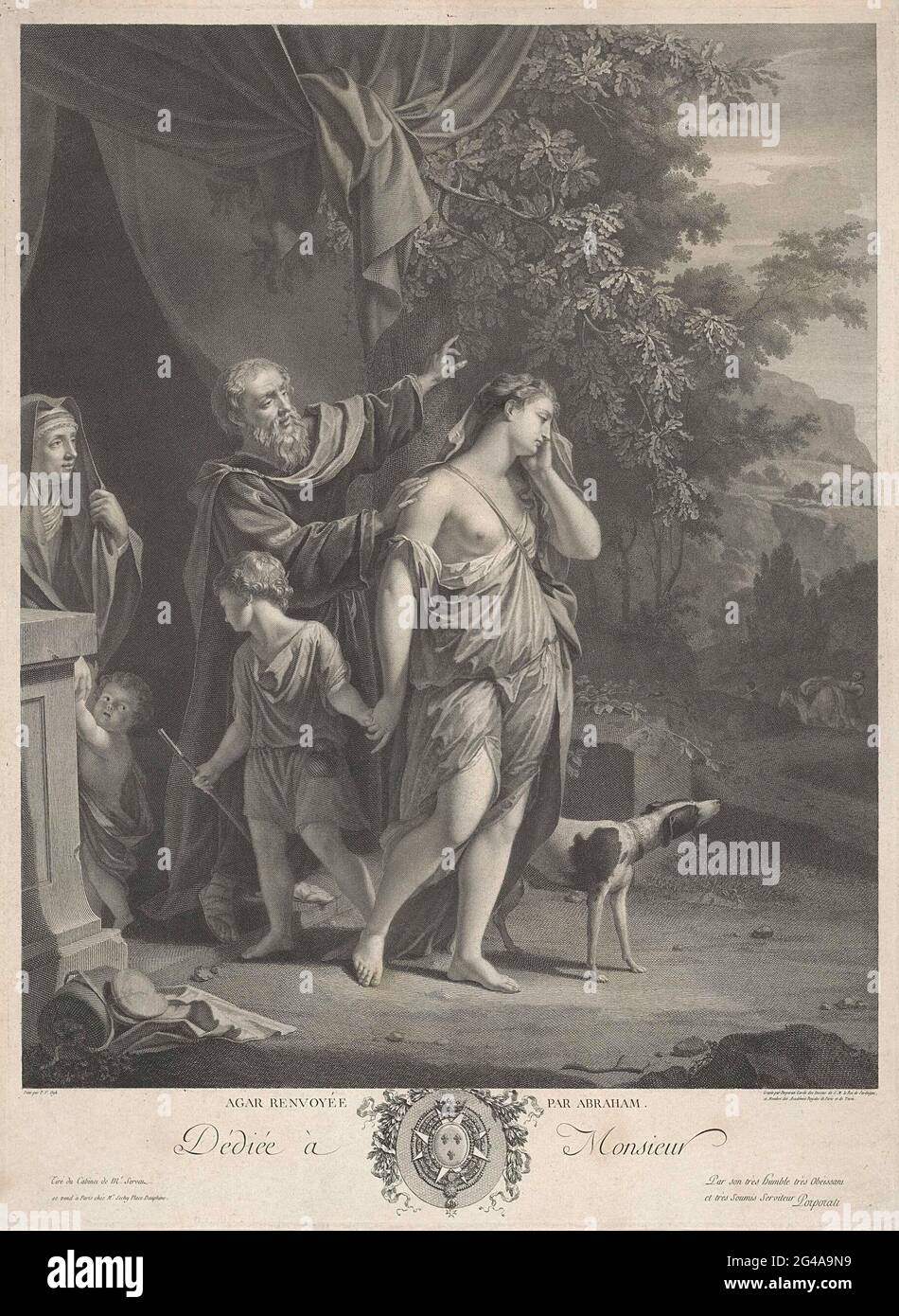 Abraham vertreibt Hagar und Ismaël. Abraham schickt Hagar und seinen ersten Sohn Ismaël auf Wunsch seiner Frau Sara fort. Sara steht mit dem jüngsten Sohn Isaac vor der Tür. Stockfoto