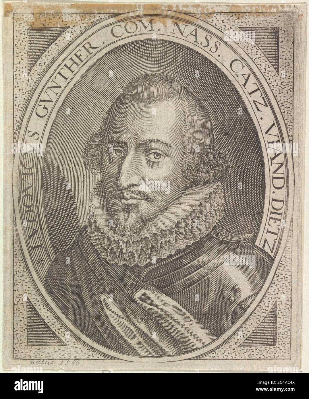 Porträt von Louis Gunther, Graf von Nassau. Porträt von Louis Gunther in einem Oval mit einem Rand, der mit den Schultern verbindet. Stockfoto