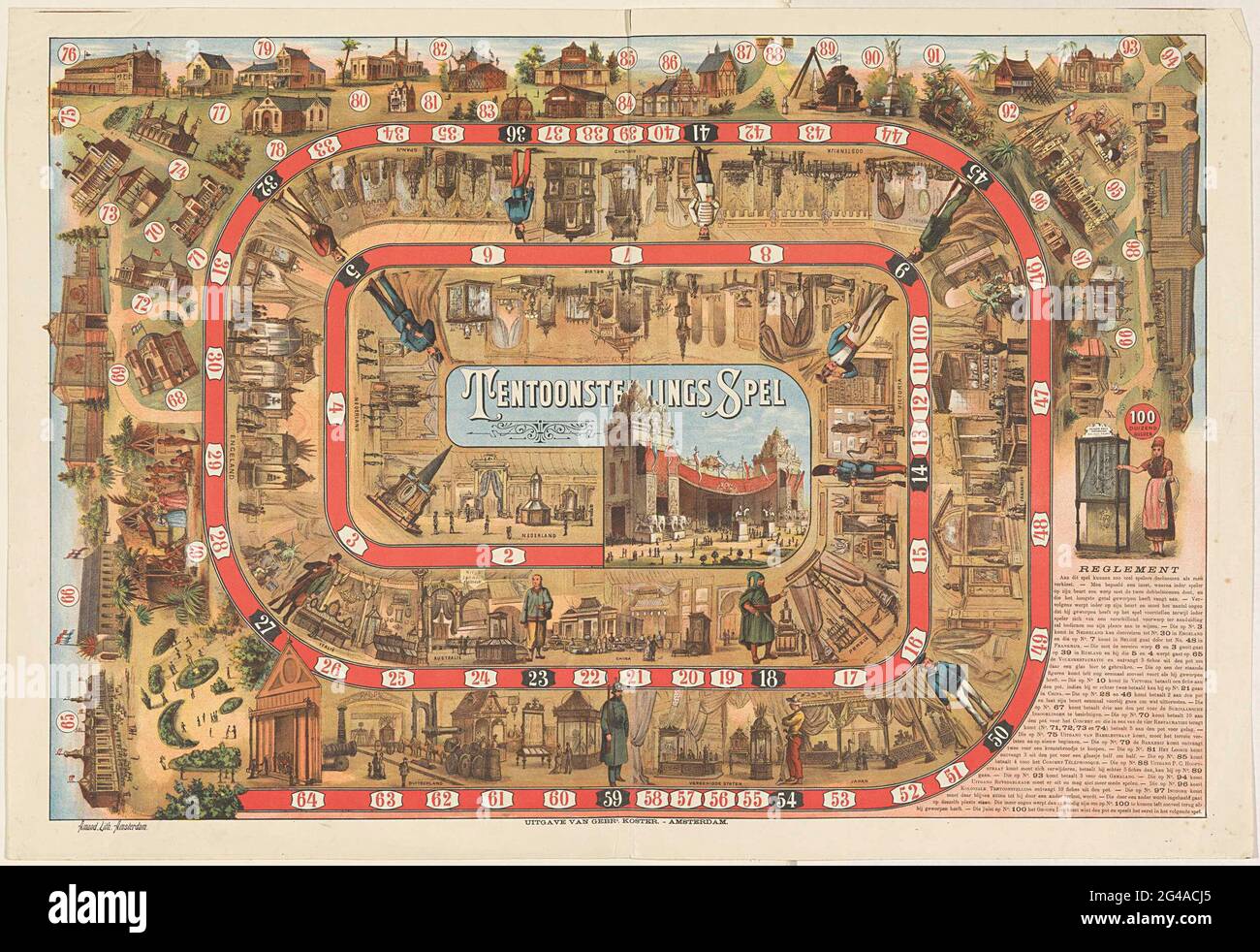 Ausstellungsspiel. Brettspiel mit dem Thema die internationale Kolonialweltausstellung, die 1883 auf einem Gelände hinter dem noch nicht fertiggestellten Rijksmuseum in Amsterdam stattfand. Gans Platte-wie Spiel mit Spirale mit Bildern von Gebäuden mit Zahlen. Im Mittelfeld den Titel. Die Spielregeln unten rechts. Stockfoto