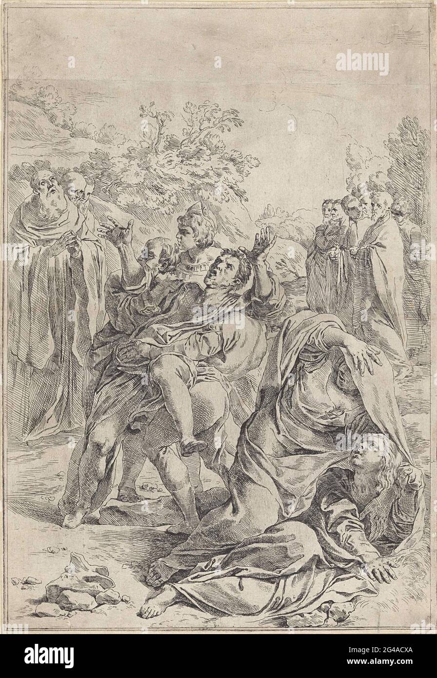 Der heilige Benedikt treibt einen Dämon an. Ein wildes Flopping, besessen von Dämonen, wird der Mensch von zwei Männern gehalten. Im Hintergrund links der heilige Benedikt, der von zwei Männern unterstützt wird. Zwei Frauen tauchen im Vordergrund ab. Stockfoto