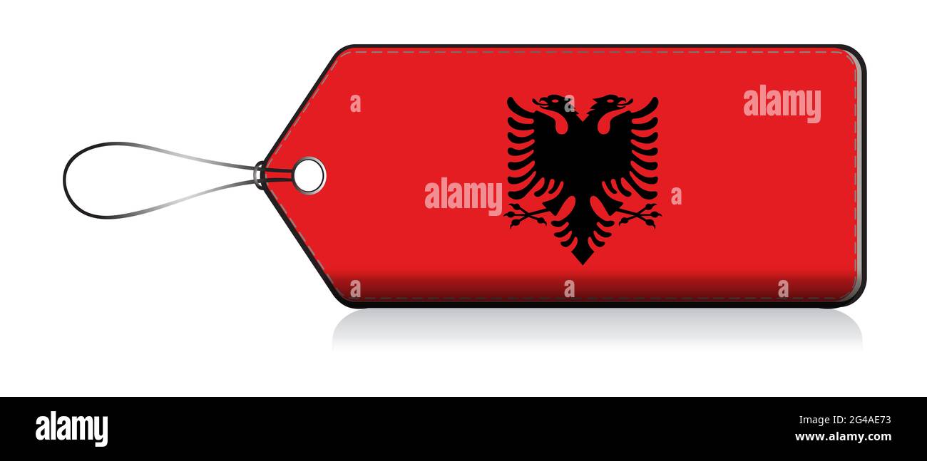 Albanische emogi Flagge, Label des Produktes in Albanien gemacht Stockfoto