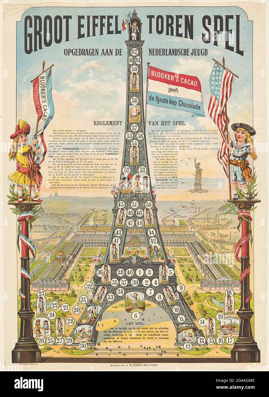 Großer Eiffelturm Spiel / gewidmet der niederländischen Jugend. Arrangierte Brettspiel mit Runden von 1 bis 63, zu Fuß über den Eiffelturm. Nach der Weltausstellung in Paris 1889 für den blutigen Kakao ein Werbespiel wie eine Gänsehaut. Links und rechts zwei Säulen mit einem Mädchen darauf. Das linke Mädchen trägt die französische Flagge, das rechte Mädchen trägt die amerikanische Flagge. Im Hintergrund rechts das Freiheitsbild. Spielregeln im Buchdruck in der Mitte des Blattes. Stockfoto