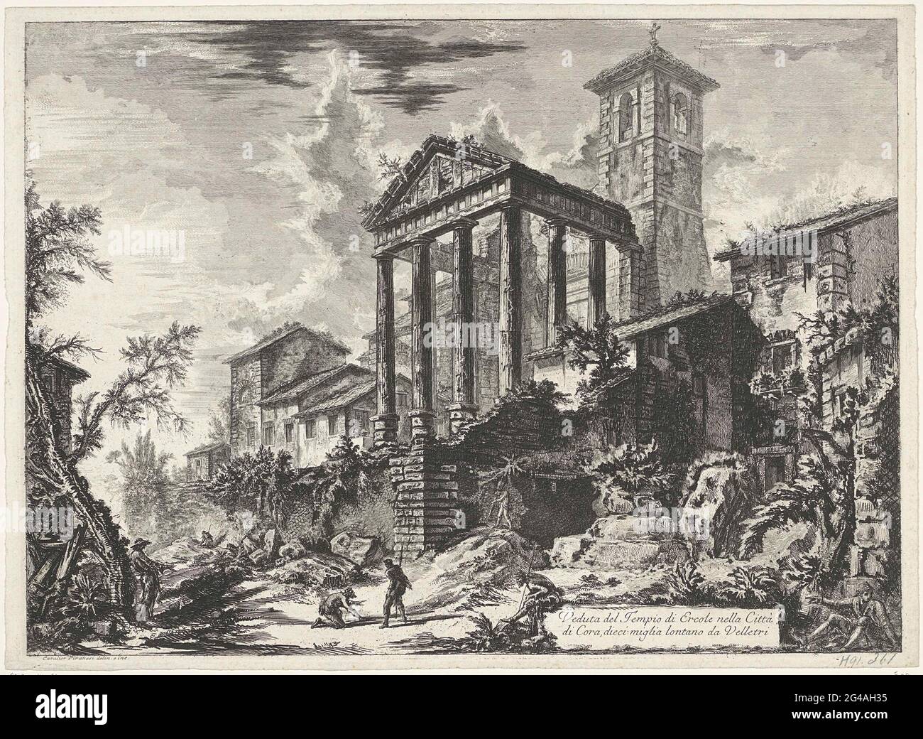 TEMPEL VAN HERCULES TE CORI; Ansicht des Herkules-Tempels in der Stadt Cora, zehn Meilen von Velletri entfernt; Gezichten op Rome; Ansichten von Rom, entworfen und graviert von Giambattista Piranesi Architekt Ve (Nez) iano. Gezicht Op de Ruïnes van de Tempel van Hercules Te Cori (Latium). Titel in Vlak Rechtonder. Stockfoto