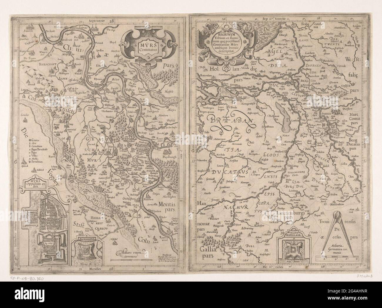 Karte der Grafschaft Moers und Rheinland, 1610; MUREN Comitatus / Regionum Urbium et Fluminum Que Potissimu [] Comitatum Mürs Ambiunt Brevis Descriptio. Karten des Landkreises Moers und der Lage des Landkreises im Rheinland. Zwei separate Karten auf einem Blatt gedruckt. Auf der Karte von Moers eine Wette mit einer Karte der Stadt Moers, auf der Karte des Rheinlandes ist eine Verpflichtung zu einer Karte des Schlosses Middelaar. Stockfoto