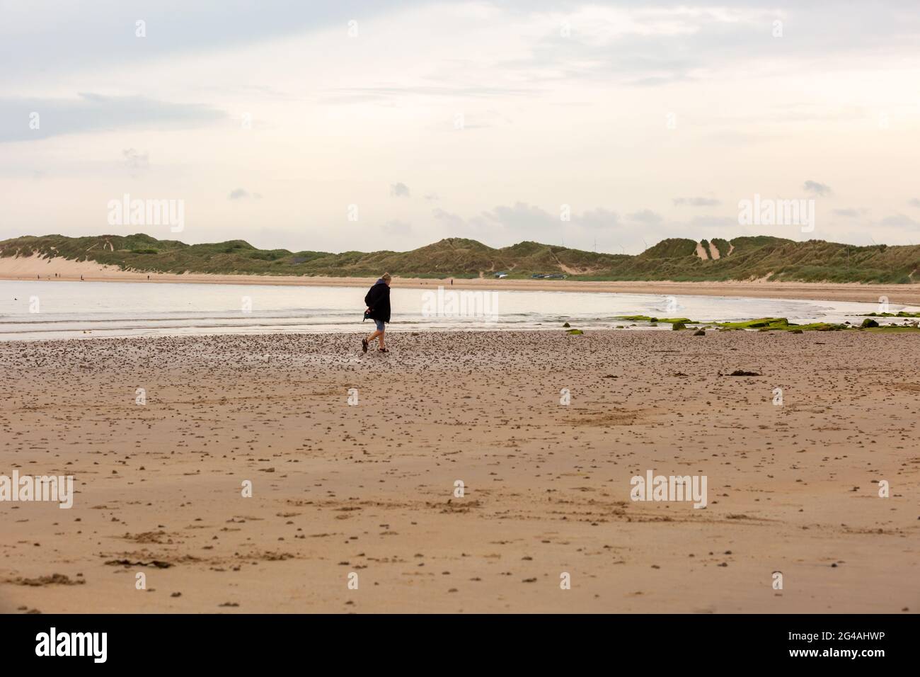Beadnell, Northumberland, Großbritannien. Juni 2021. Hundewanderer und Jogger sind die ersten, die an einem ansonsten leeren Strand in Beadnell Bay, Northumberland, an einem langweiligen Morgen ankommen. Es wird erwartet, dass das Wetter später am Nachmittag heller wird. Peter Lopeman/Alamy Live News Stockfoto