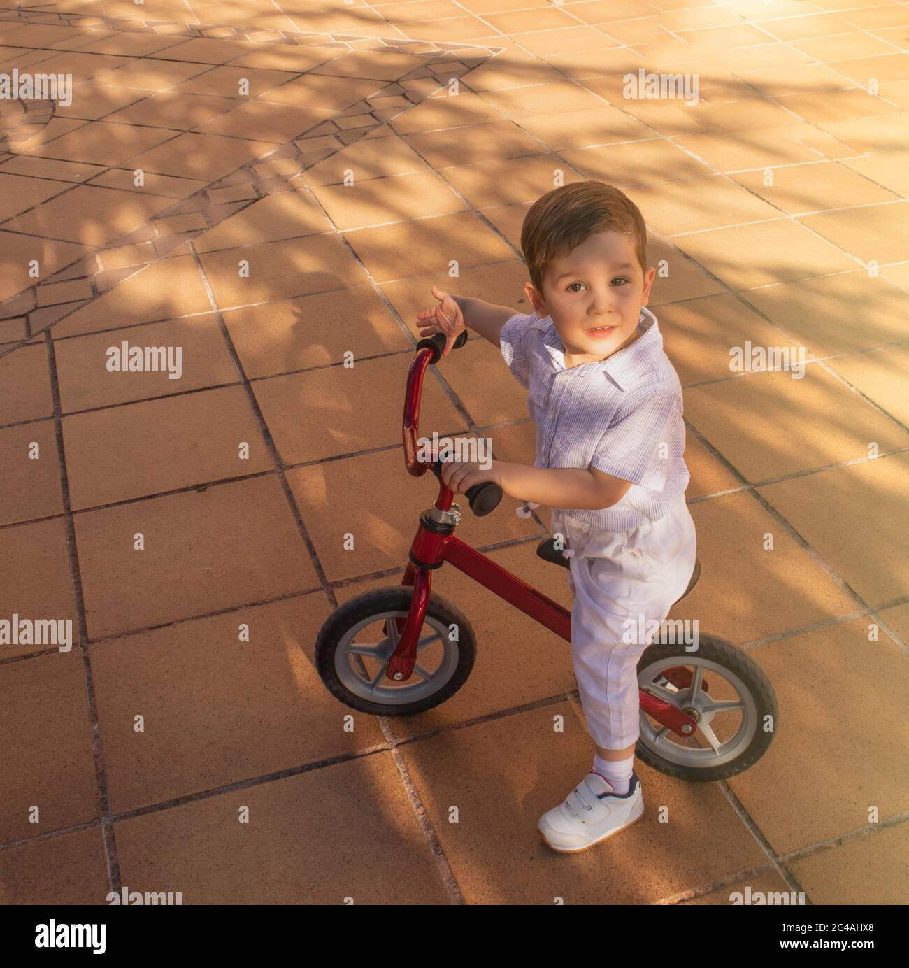 Kind spielt mit einem Fahrrad ohne Pedale, um zu lernen, wie man ein großes Fahrrad an einem sonnigen Tag zu fahren Stockfoto