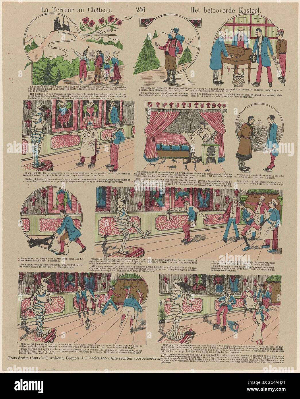 La terreur au château / die langsame Burg. Blatt mit 10 Vorstellungen aus der Geschichte der verzauberten Burg. Unter jedem Bild eine Beschriftung in Niederländisch und Französisch. Oben in der Mitte nummeriert: 246. Stockfoto