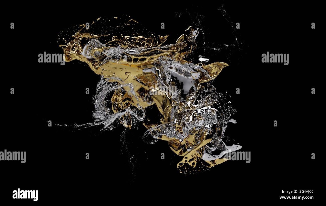 3D Render, Gold- und Silberflüssigkeiten Splash, abstrakter flüssiger Hintergrund Stockfoto