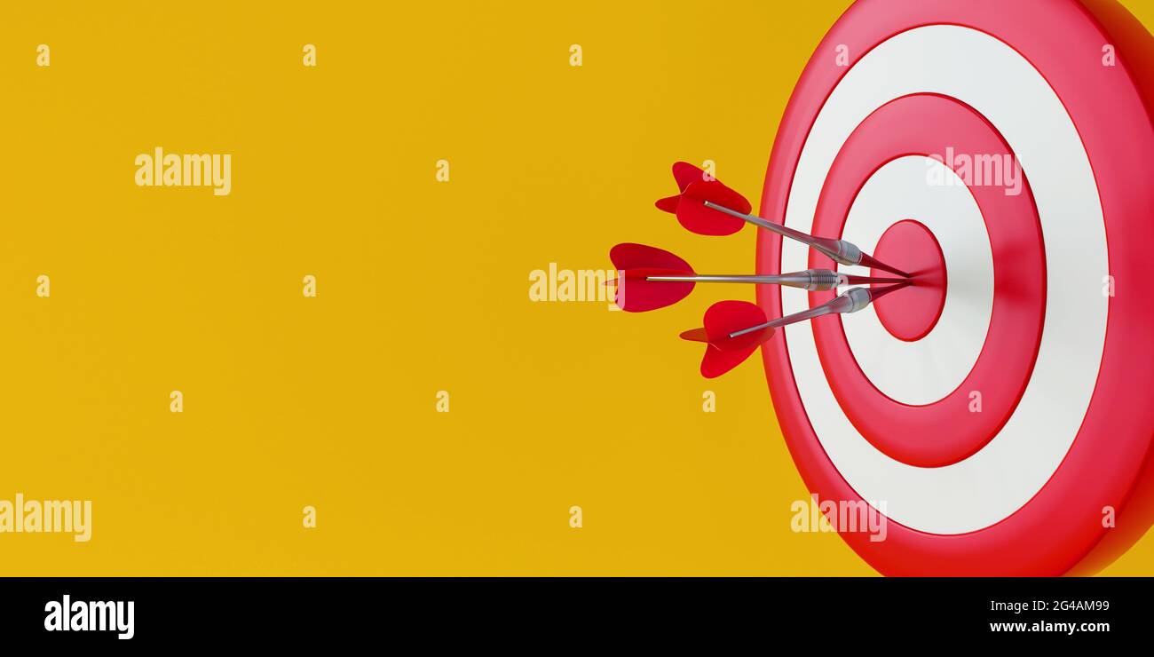 Nahaufnahme roten Dartschlag Ziel auf gelbem Hintergrund. Marketing-Ziel-Konzept. 3d-Rendering. Stockfoto