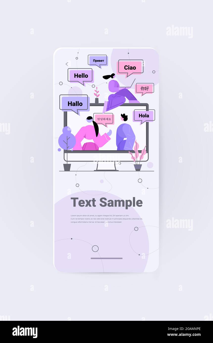 Personen, die eine mehrsprachige Anwendung zur Computerübersetzung verwenden, begrüßen die internationale Online-Kommunikation Stock Vektor