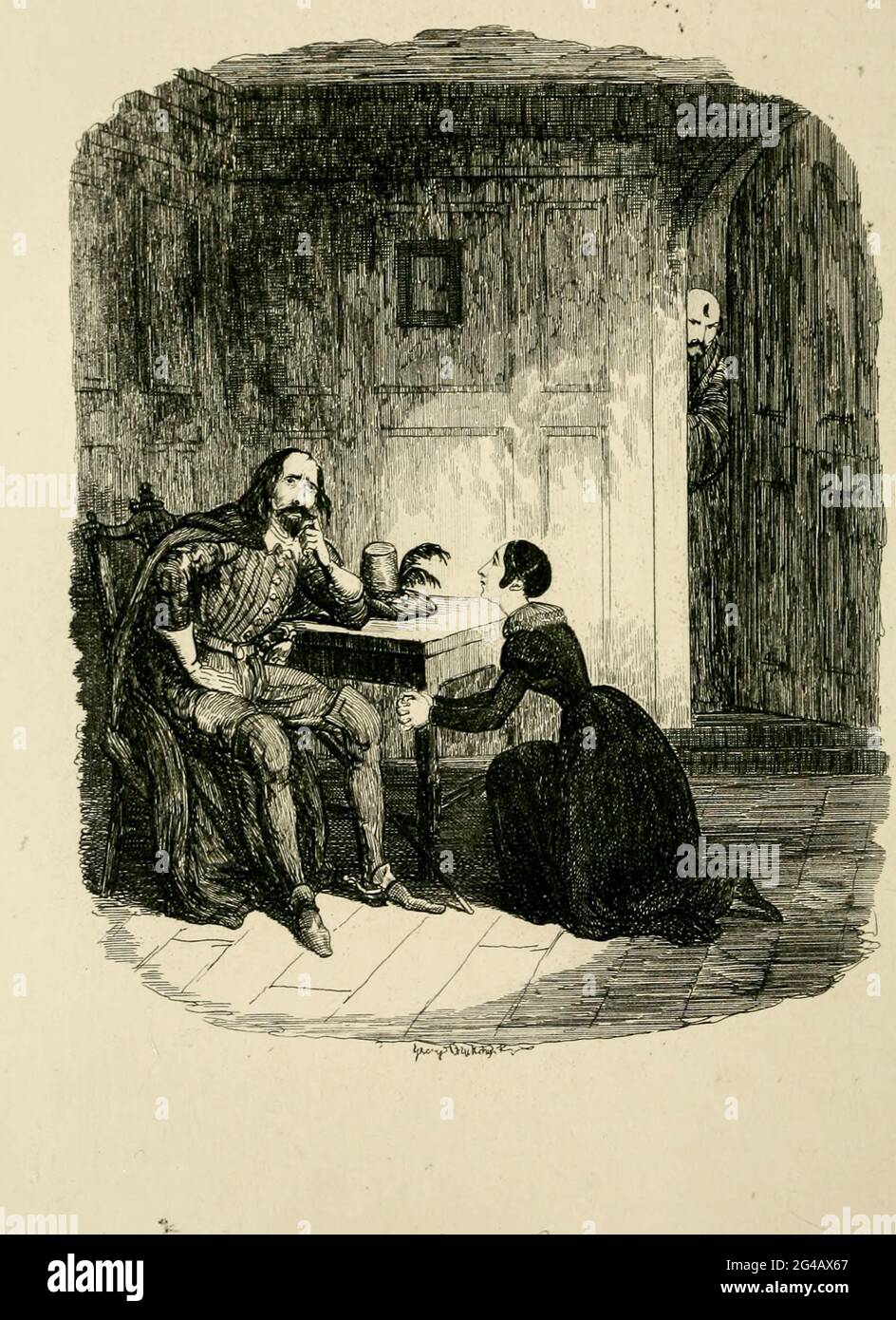 Viviana Radcliffe fleht Guy Fawkes an, die Verschwörung aus dem Buch "Guy Fawkes; oder, der Schießpulver-Verrat. Eine historische Romanze von William Harrison Ainsworth, mit Illustrationen auf Stahl von George Cruikshank. Veröffentlicht in London, von George Routledge and Sons, limitiert 1841. Guy Fawkes (13. April 1570 – 31. Januar 1606), auch bekannt als Guido Fawkes, als er für die Spanier kämpfte, war Mitglied einer Gruppe von englischen Provinzkatholiken, die an dem gescheiterten Schießpulver-Komplott von 1605 beteiligt waren. Er wurde in York geboren und erzogen; sein Vater starb, als Fawkes acht Jahre alt war, nach w Stockfoto