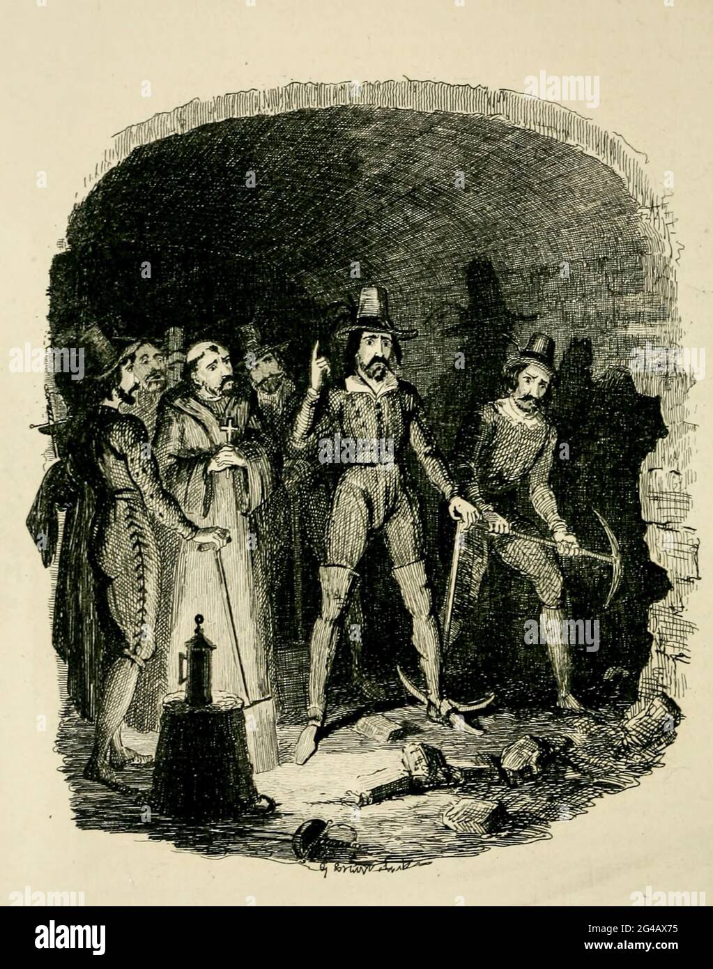 Guy Fawkes und seine Mitverschwörer alarmierten sich, als sie die Mine unter dem Oberhaus gruben, aus dem Buch "Guy Fawkes; oder, der Schießpulver-Verrat. Eine historische Romanze von William Harrison Ainsworth, mit Illustrationen auf Stahl von George Cruikshank. Veröffentlicht in London, von George Routledge and Sons, limitiert 1841. Guy Fawkes (13. April 1570 – 31. Januar 1606), auch bekannt als Guido Fawkes, als er für die Spanier kämpfte, war Mitglied einer Gruppe von englischen Provinzkatholiken, die an dem gescheiterten Schießpulver-Komplott von 1605 beteiligt waren. Er wurde in York geboren und erzogen; sein Vater starb, als Fawk Stockfoto