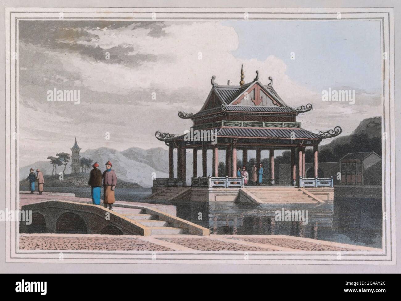 Chinesischer Pavillon. Dieser Pavillon kann als ein faires Exemplar dieser Bauart angesehen werden. Es wird in einem Garten aufgestellt, der zu einer Mandarine des Ranges gehört; das Fundament ist aus Stein und der Überbau des Holzes; Die Säulen sind alle bemalt, lackiert und vergoldet, ebenso das Dach und die Galerien. Farbdruck aus dem Buch "EINE malerische Reise nach Indien durch China" von Thomas Daniell, R.A. und William Daniell, A.R.A. London: Gedruckt für Longman, Hurst, Rees und Orme und William Daniell von Thomas Davison, 1810. Die Original-Aquarelle der Daniels für die hier dargestellten Szenen ar Stockfoto