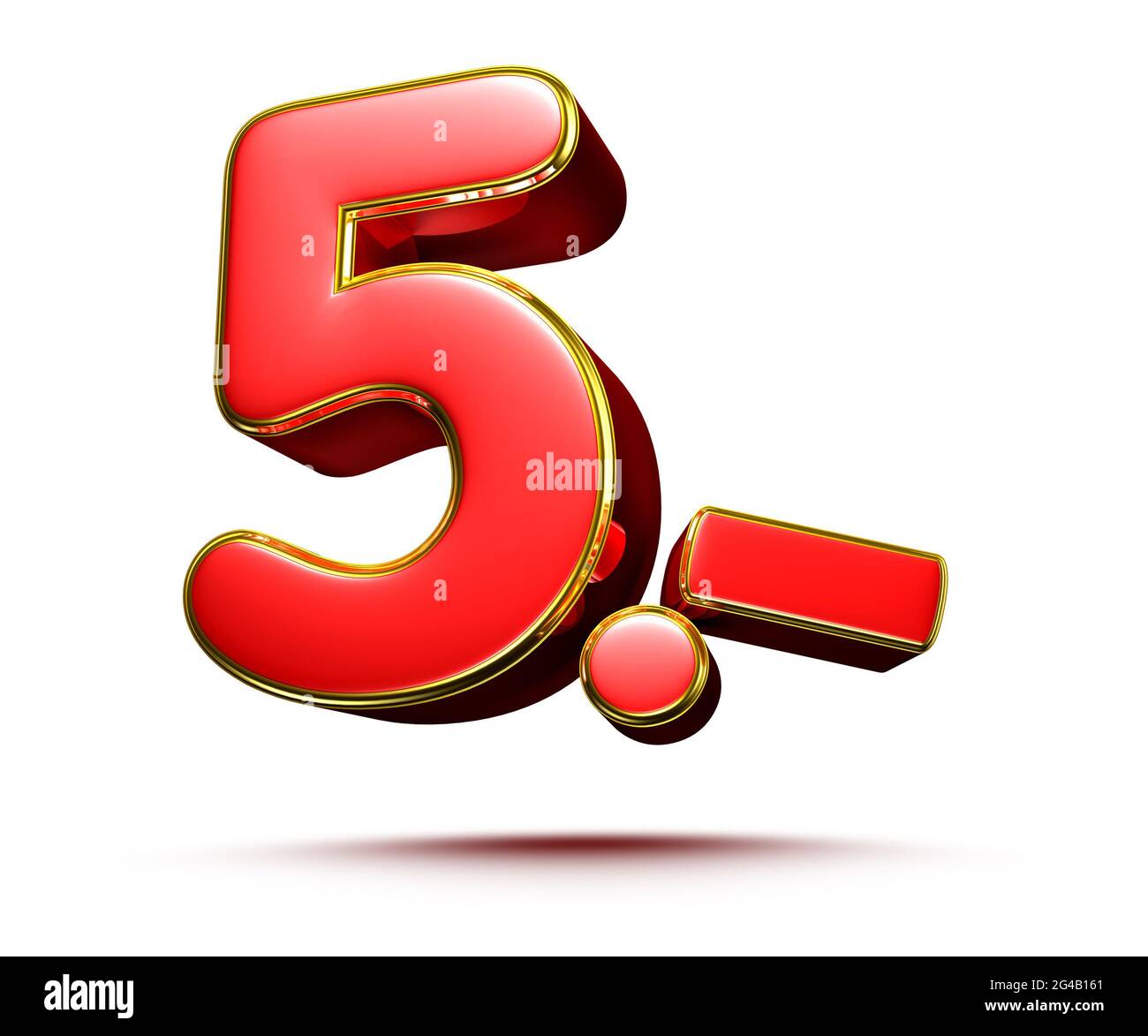 Preisschild Nummer 5 rote 3D-Abbildung mit goldener Umrandung auf weißem Hintergrund mit Beschneidungspfad. Stockfoto