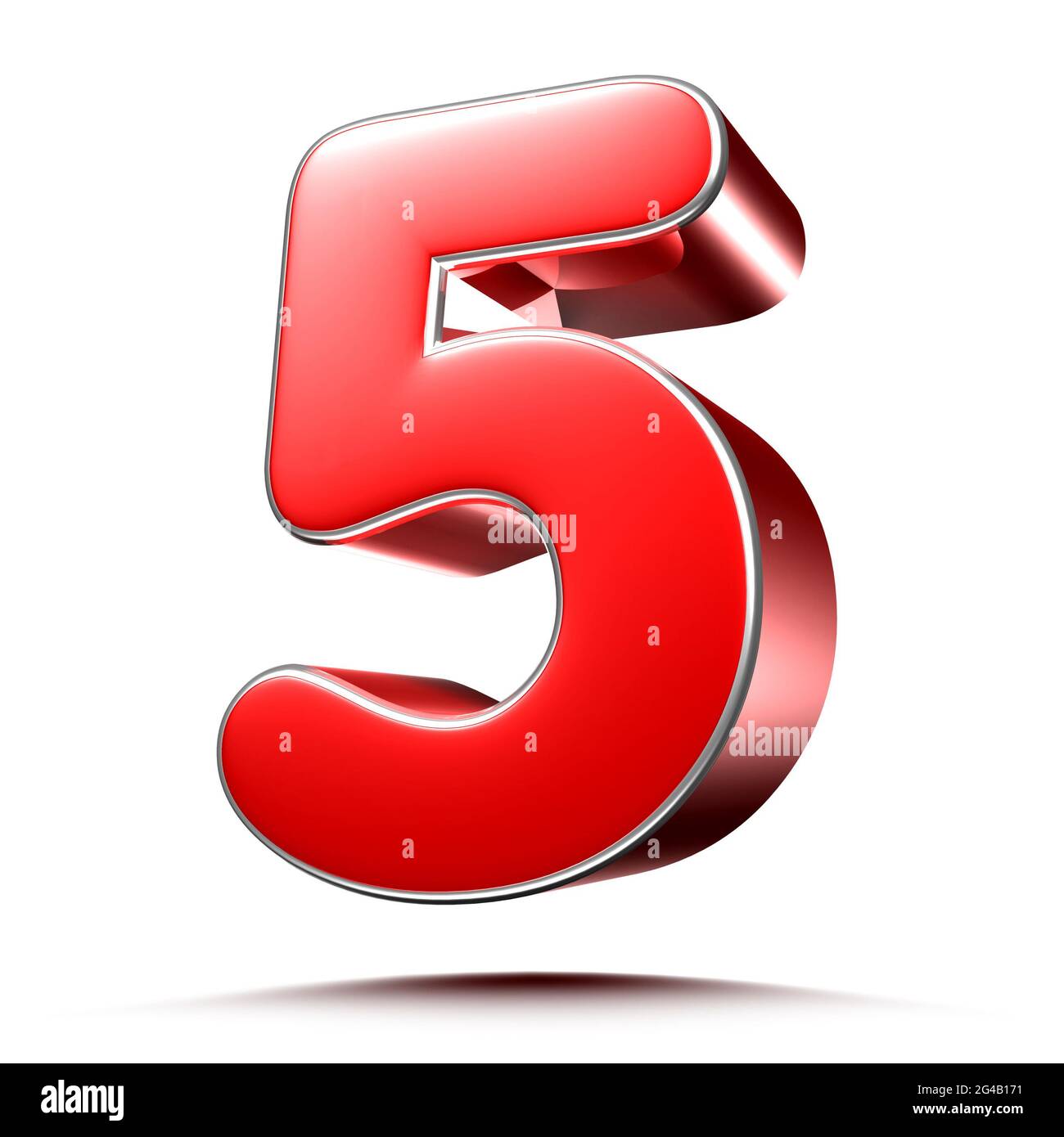 Rote Zahlen 5 auf weißem Hintergrund 3D-Rendering mit Beschneidungspfad. Stockfoto