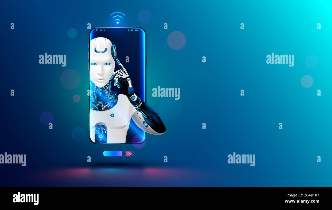 Künstliche Intelligenz im Telefon. Mobiler Online-Chat-bot auf dem Smartphone. Cyborg oder Roboter mit KI schauen aus dem Bildschirm Telefon. Chatbot, Internethilfe Stock Vektor