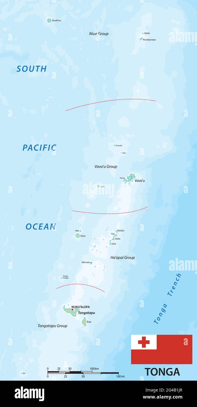 vektorkarte des polynesischen Staates tonga mit Flagge Stock Vektor