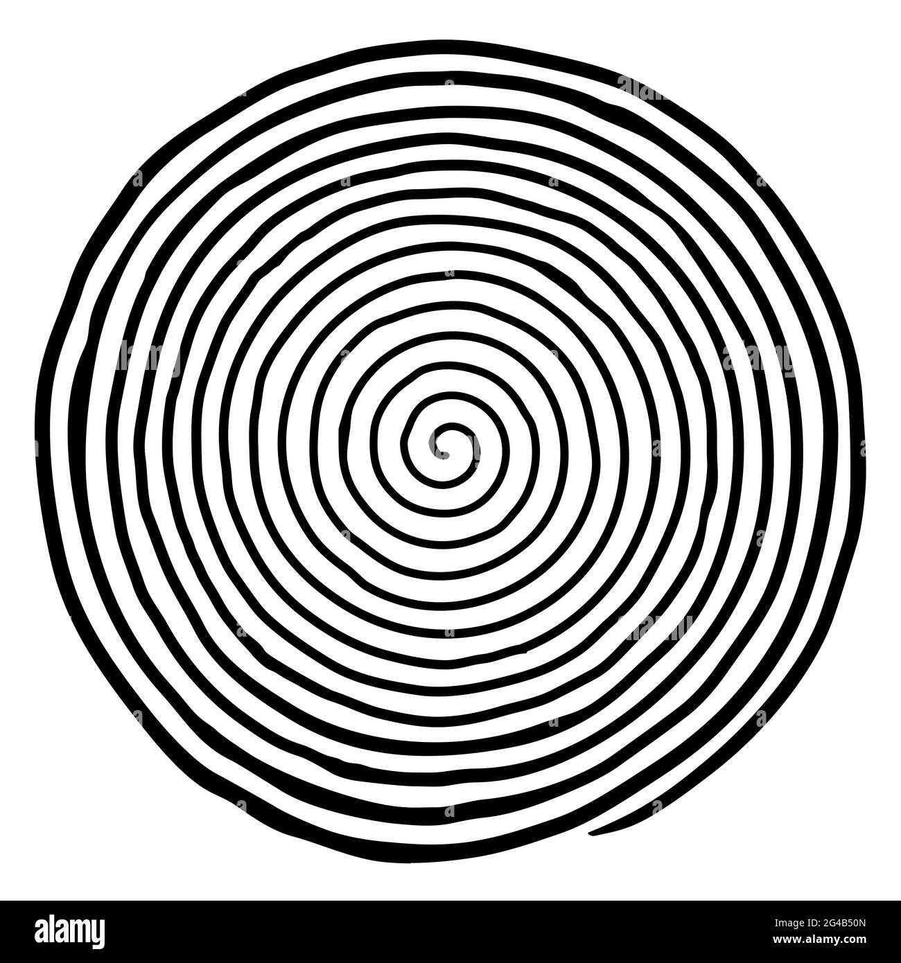 Unregelmäßige, von Hand gezogene Spirale. Flache Schwarz-Weiß-Vektorzeichnung isoliert auf weißem Hintergrund. EPS 8, Version 5. Stock Vektor