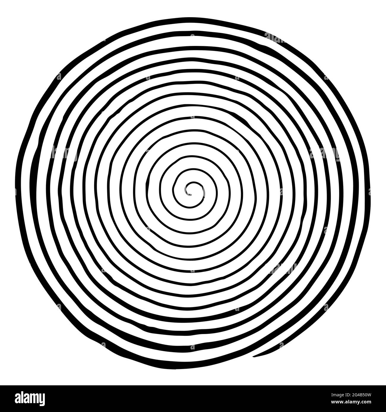 Unregelmäßige, von Hand gezogene Spirale. Flache Schwarz-Weiß-Vektorzeichnung isoliert auf weißem Hintergrund. EPS 8, Version 6. Stock Vektor
