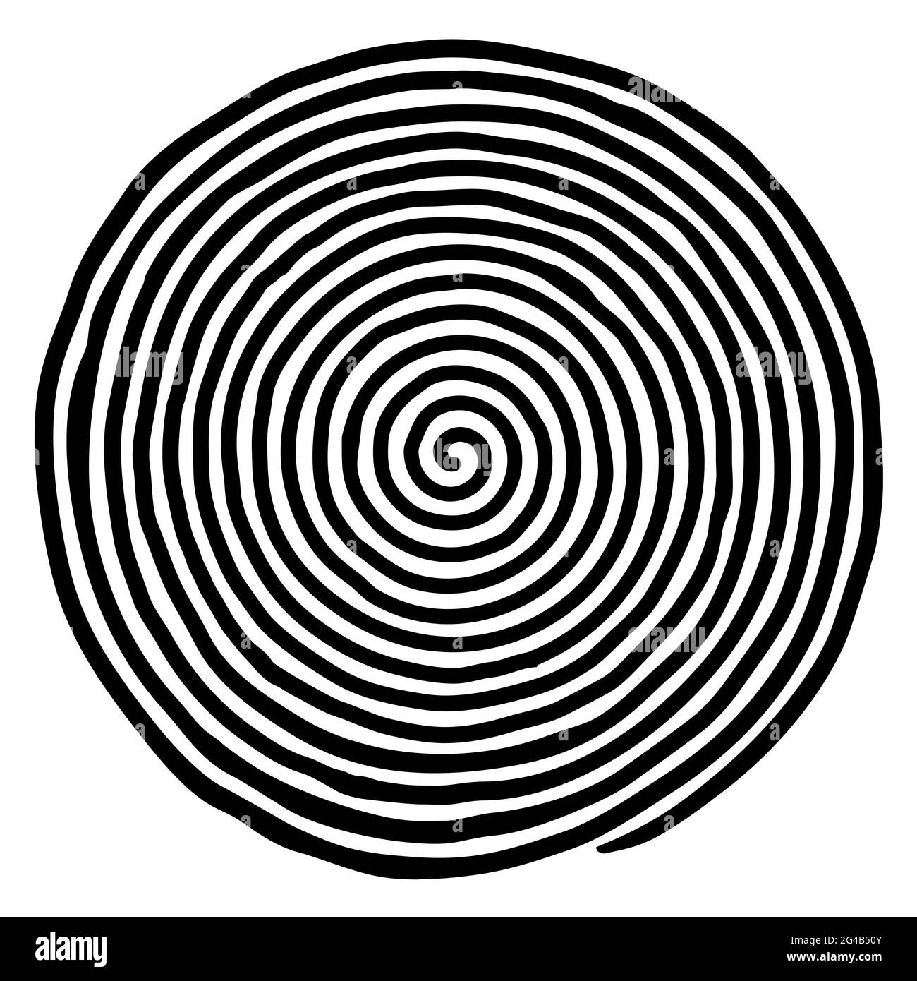 Unregelmäßige, von Hand gezogene Spirale. Flache Schwarz-Weiß-Vektorzeichnung isoliert auf weißem Hintergrund. EPS 8, Version 3. Stock Vektor