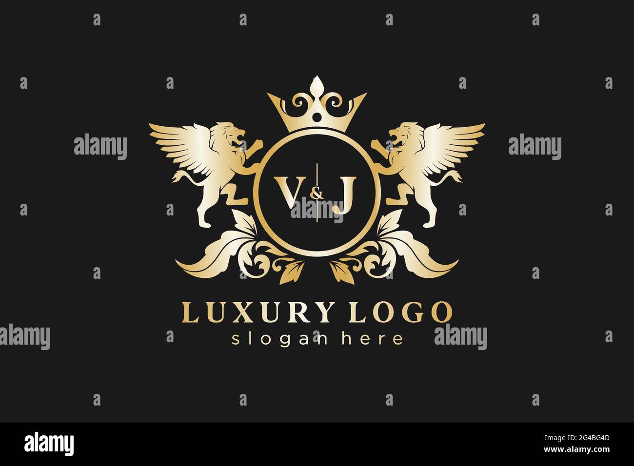 VJ Letter Lion Royal Luxury Logo Vorlage in Vektorgrafik für Restaurant, Royalty, Boutique, Cafe, Hotel, Wappentisch, Schmuck, Mode und andere Vektor il Stock Vektor