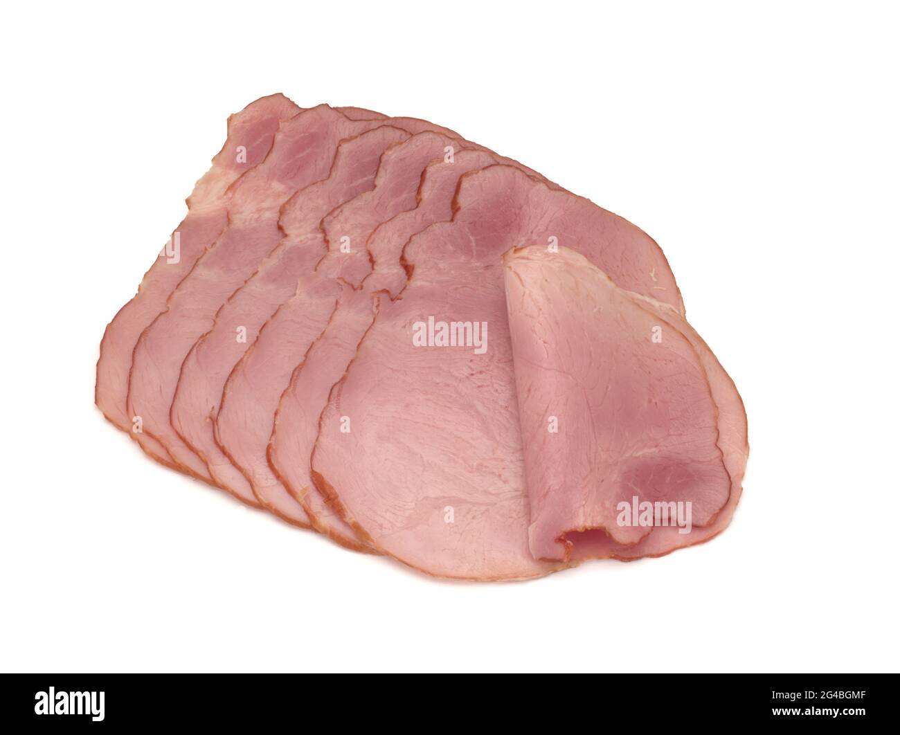 In Scheiben geschnittene, gekochte Schinkenwurst isoliert auf weißem Hintergrund, Draufsicht. Stockfoto