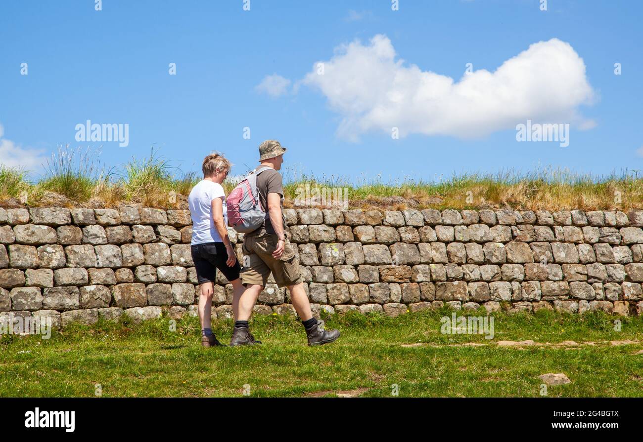 Wanderer spacken entlang eines Abschnitts der clayton Wall mit Rasen, während sie auf dem nationalen Fernwanderweg Hadrians Wall spazieren Stockfoto