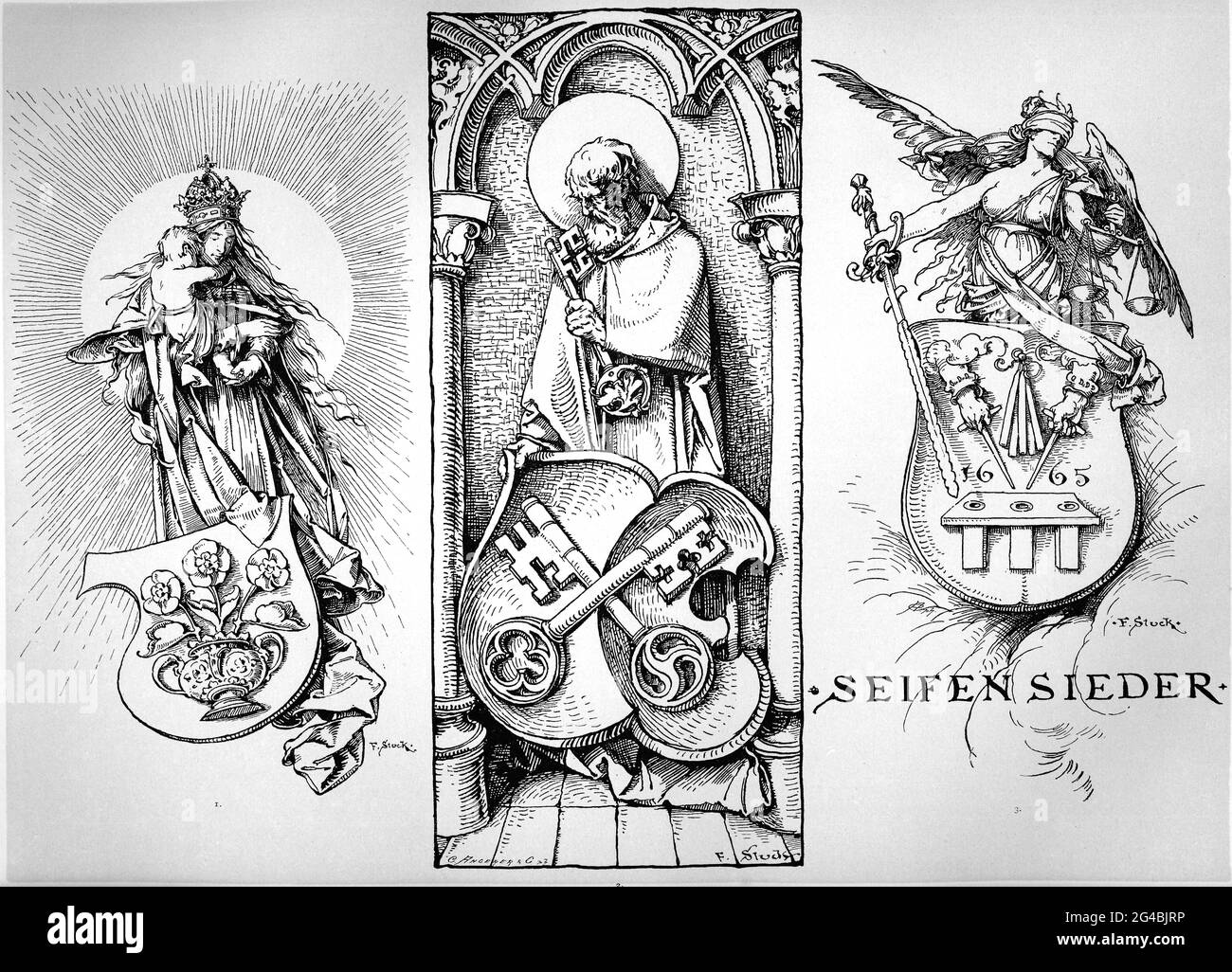 Wappen der Ofenbauer, Schlossergilde und Seifensieder, Wappen der Hafner, Schlossergilde und Seifensieder Stockfoto