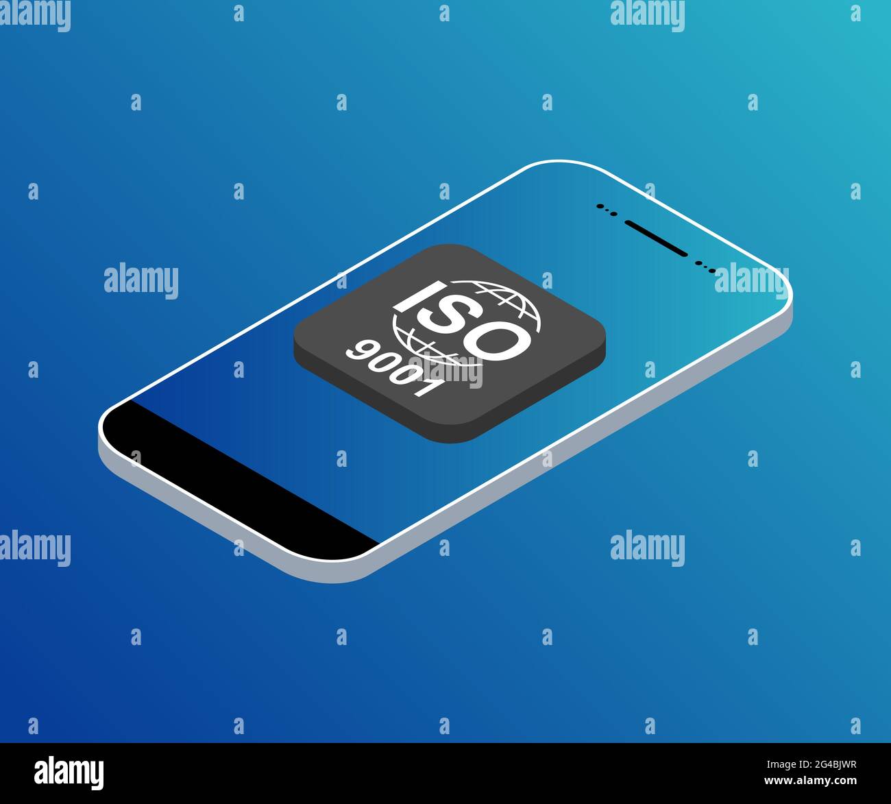 Isometrisches Symbol ISO 9001. Symbol für Standardqualität. Vektor-Button-Zeichen isoliert auf farbigem Hintergrund . Stock Vektor