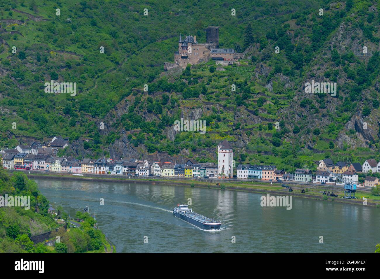 Loreley Blick von der Loreley Ansicht Maria Ruh gegenüber dem Loreley Felsen, Urbar, UNESCO Weltkulturerbe, Rheinland-Pfalz, Deutschland Stockfoto