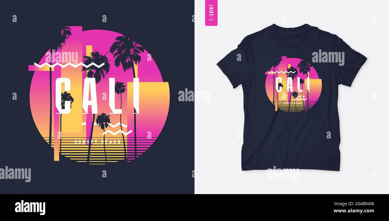 Sunset Beach California Grafik-T-Shirt mit Palmtress, Sommer-Retro-Print, Vektor-Illustration Stock Vektor