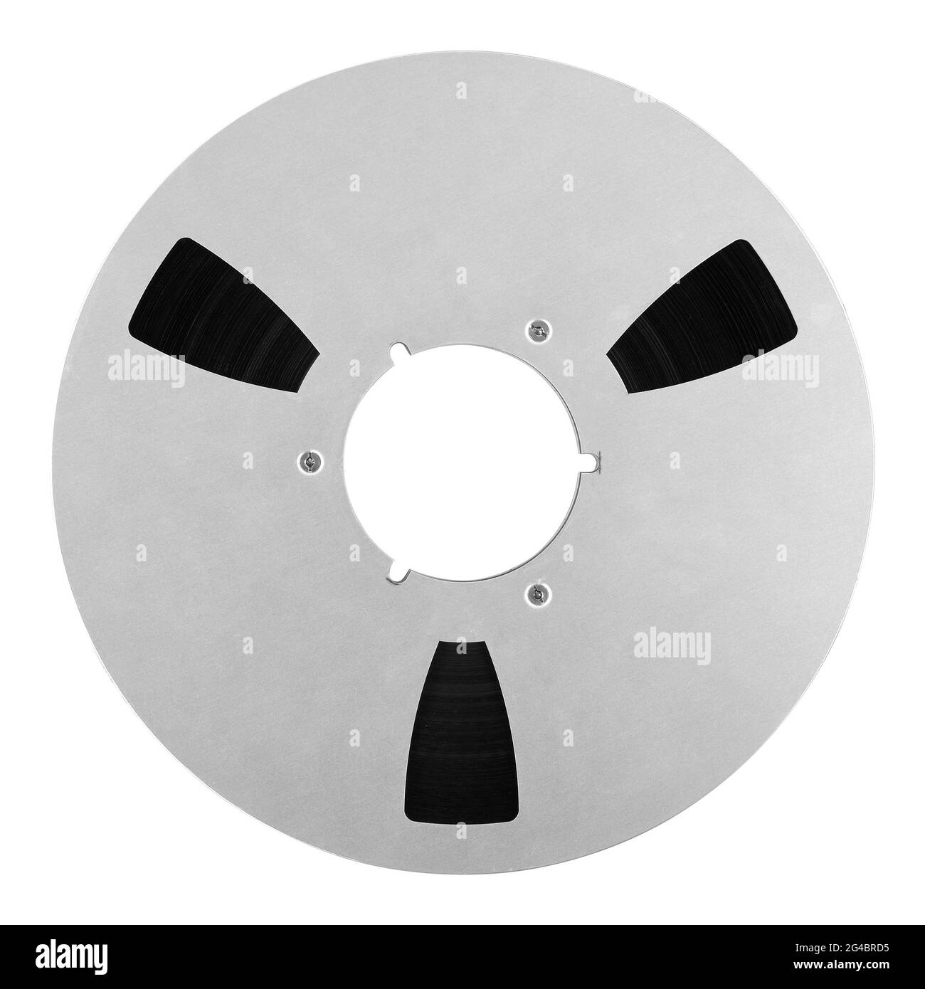 Musik und Sound - Vorderansicht Nahaufnahme 265 mm Aluminiumspule Magnetbänder für NAB isoliert auf weißem Hintergrund. Stockfoto