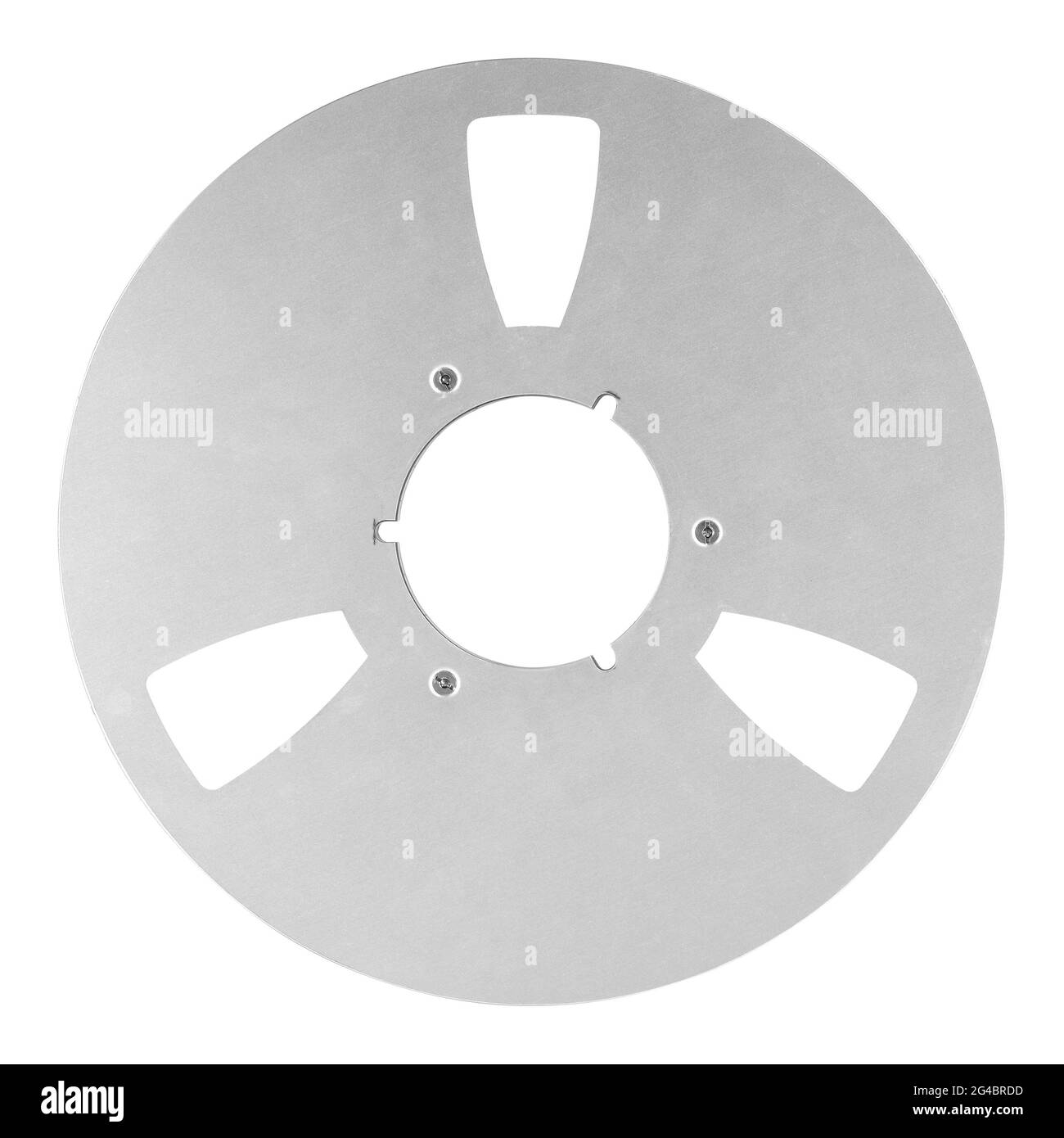 Musik und Sound - Vorderansicht Leere Nahaufnahme 265 mm Aluminiumspule Spule für Magnetbänder für Nab isoliert auf weißem Hintergrund. Stockfoto