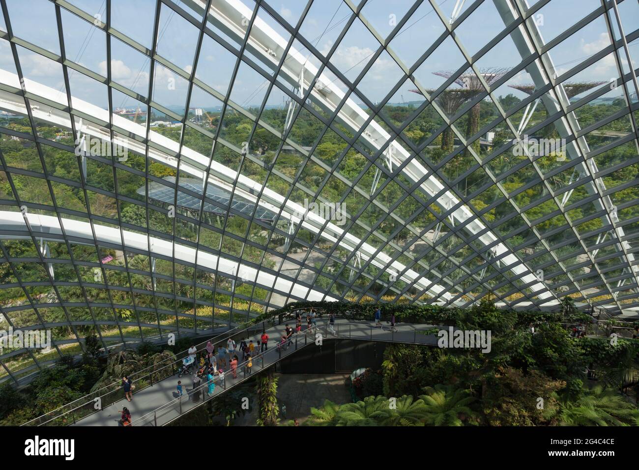 Besucher erkunden den Flower Dome - ein riesiges Gewächshaus mit exotischen Pflanzen in den Gardens by the Bay, Singapur Stockfoto