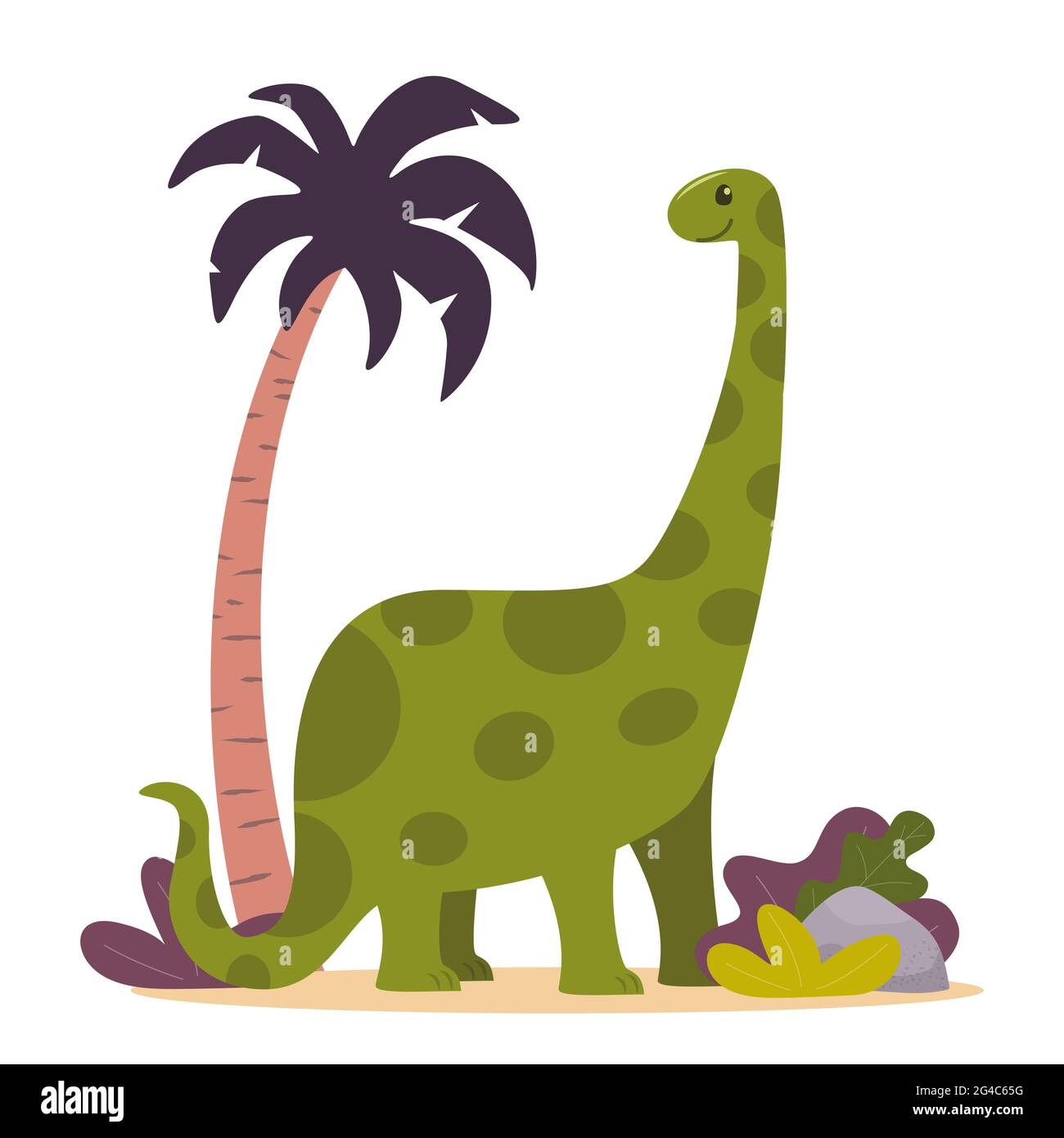 Niedliche Dinosaurier, Palmen und Pflanzen. Prähistorische jurratische Zeit wilde Fauna. Vektorgrafik im flachen Stil Stock Vektor