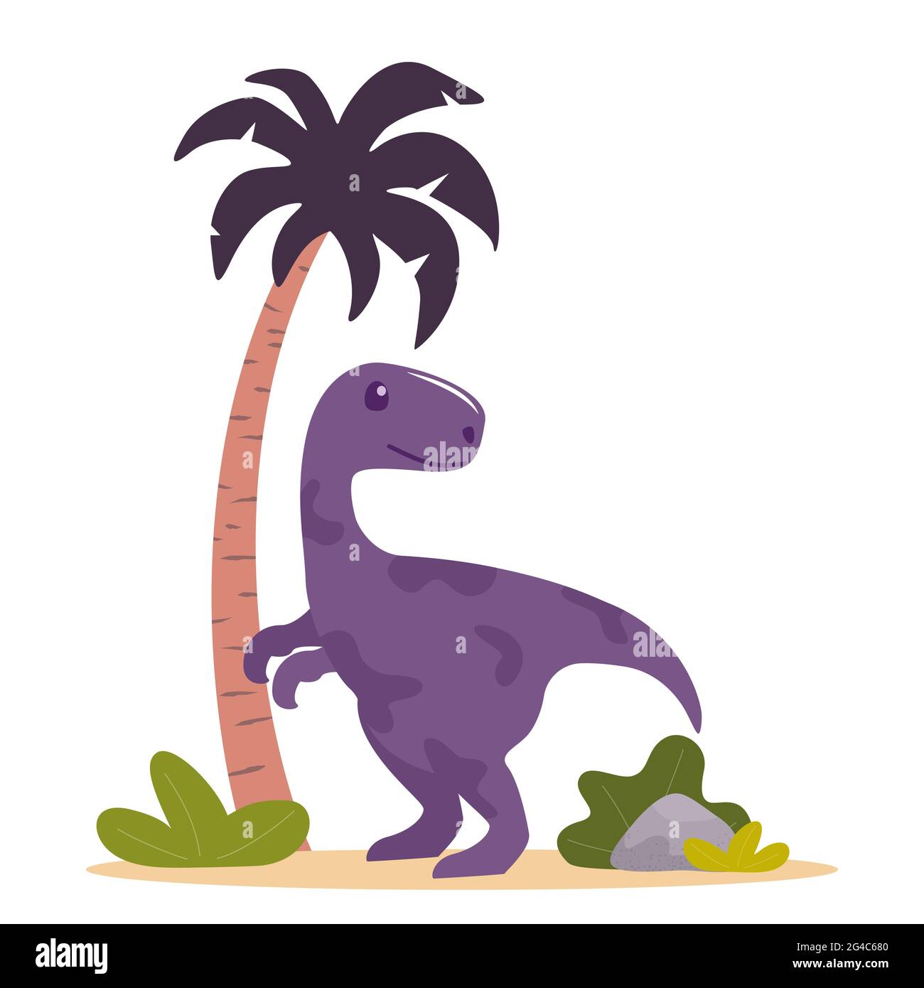 Niedliche Dinosaurier, Palmen und Pflanzen. Prähistorische jurratische Zeit wilde Fauna. Vektorgrafik im flachen Stil Stock Vektor