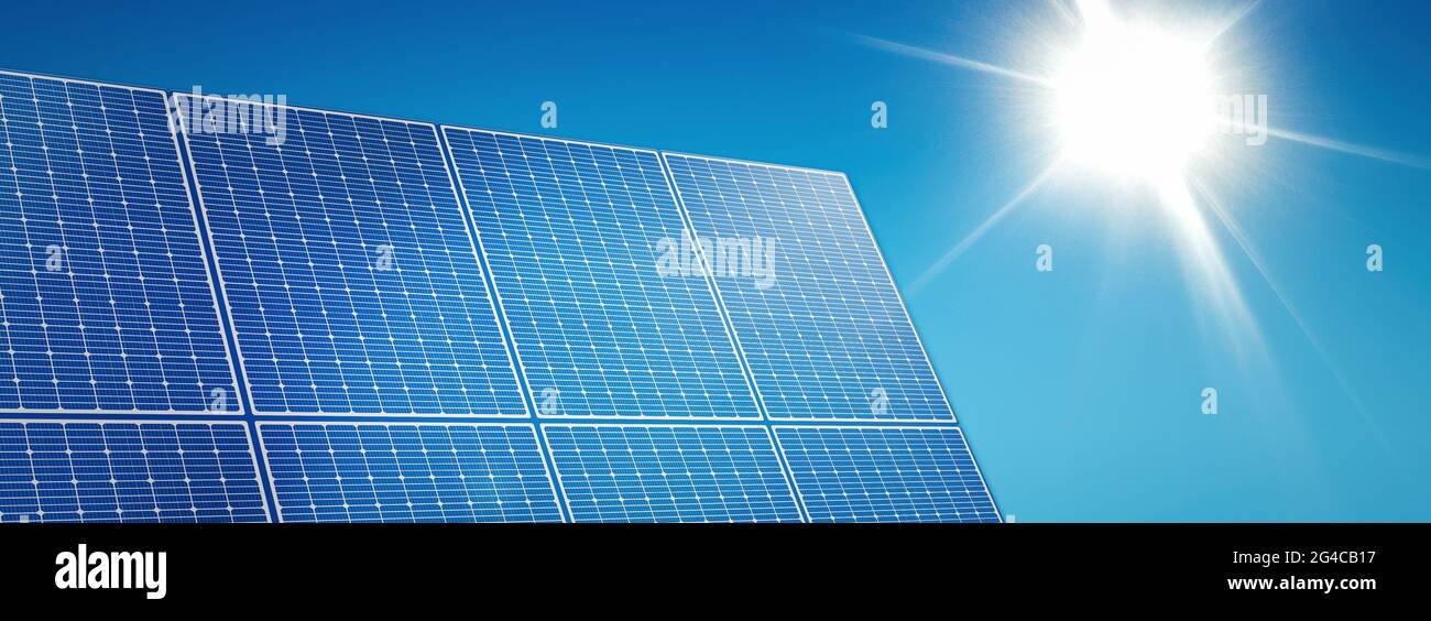 Solarpanel Illustration mit 3D Render und Himmel im Hintergrund. Photovoltaik, erneuerbare Energiequellen Konzept Stockfoto