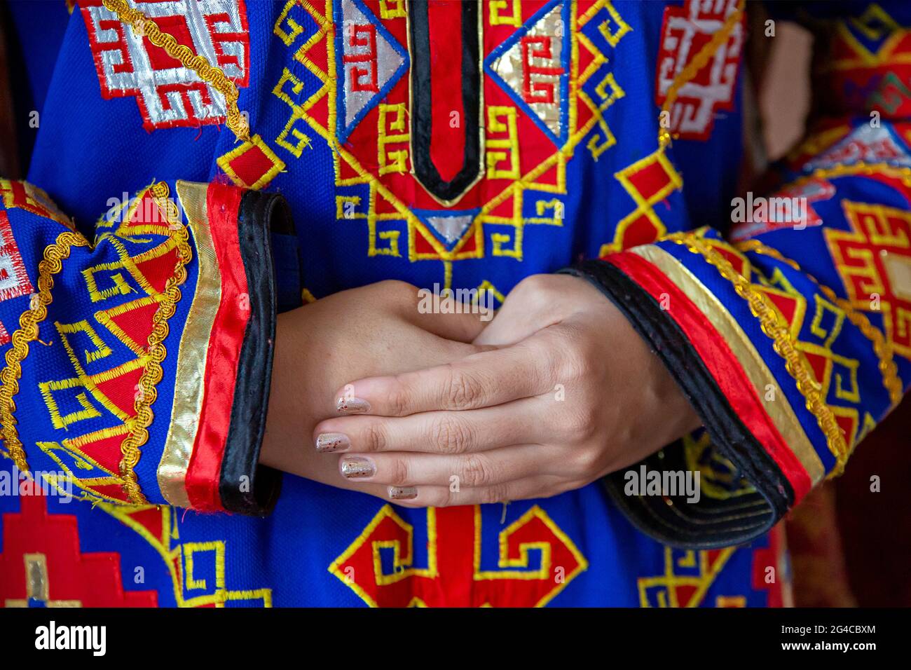 Details von Motiven auf dem bunten traditionellen Hochzeitskleid in Nukus, Usbekistan Stockfoto