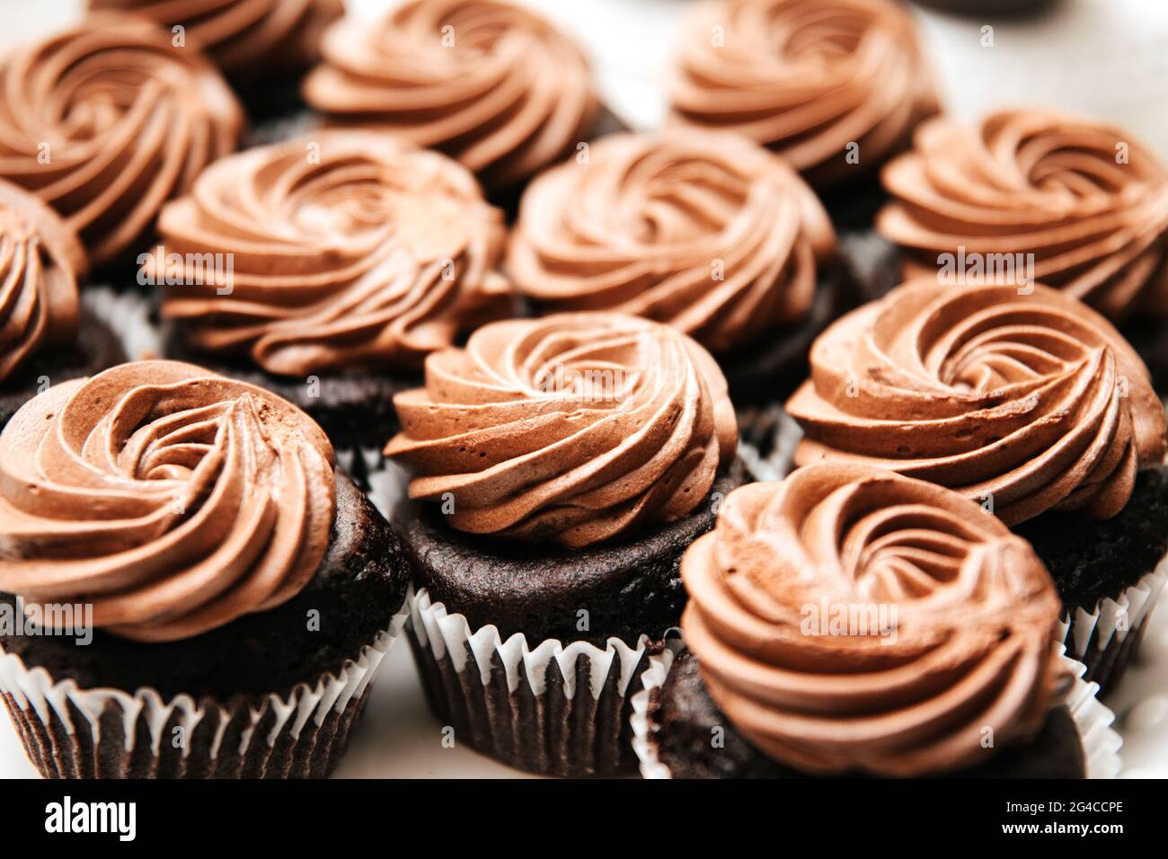 Mini-Desserts mit Schokolade und Vanille, Cupcakes, Panacotas, Stockfoto